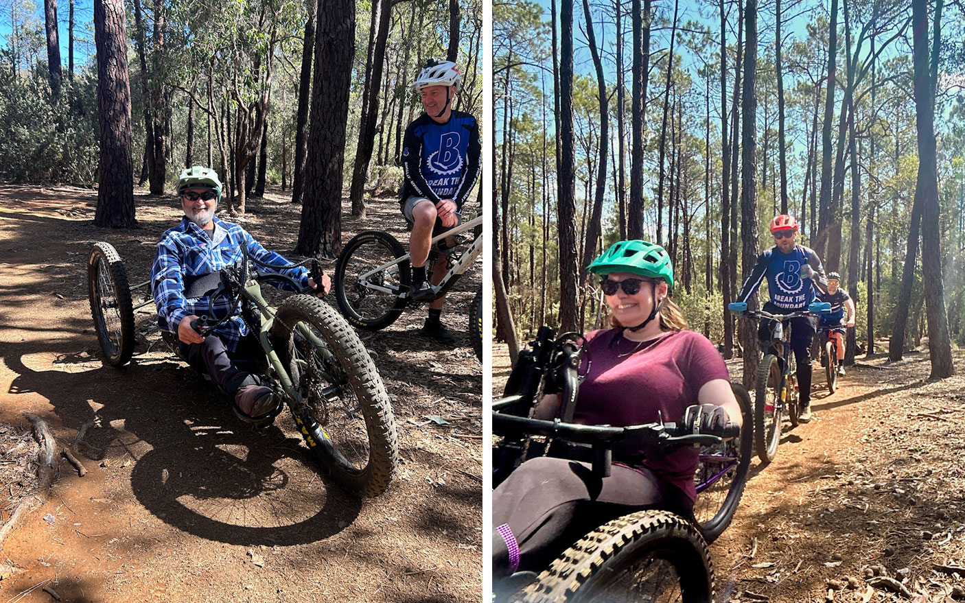 2 image on people on adapted mountain bikes on a trail in the forest