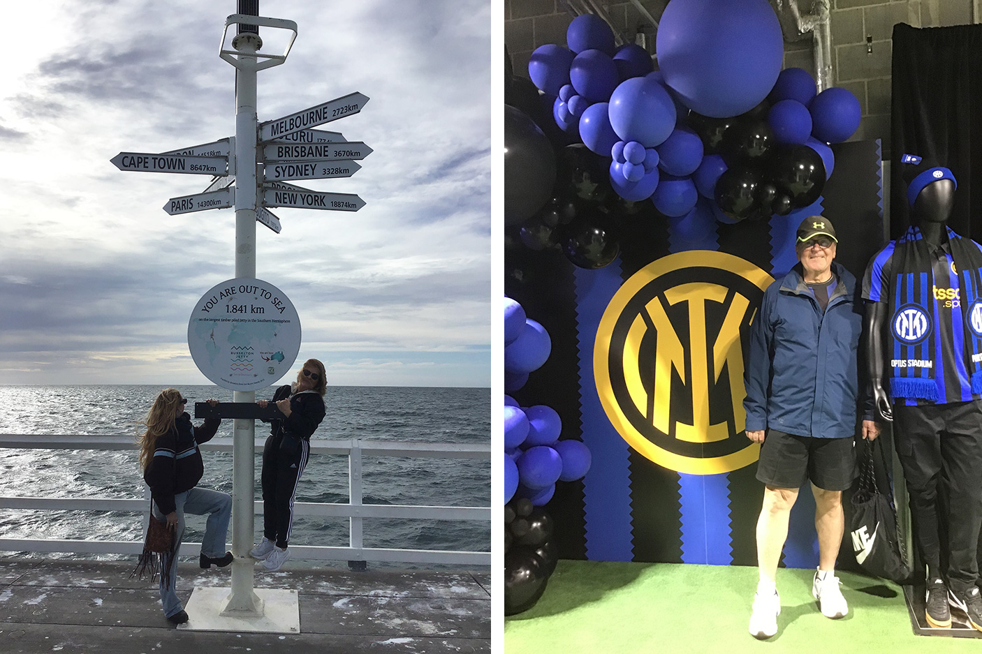 2 images: 2 people at a sign post on Busselton Jetty. Vince with Inter Milan display