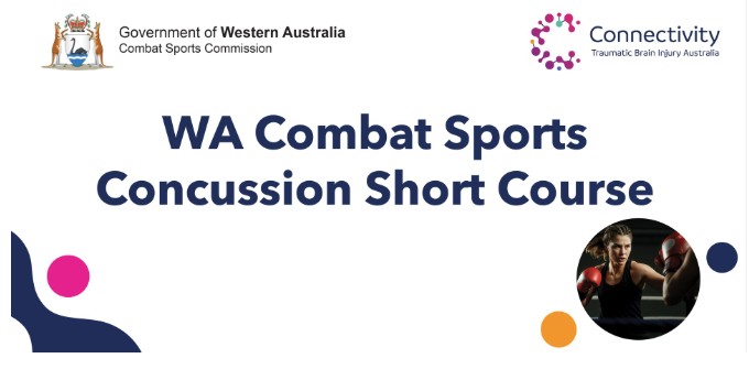 WA Combat Sports Concussion Short Course wording with picture of boxer and brand logos for Combat Sports Commission and Connectivity