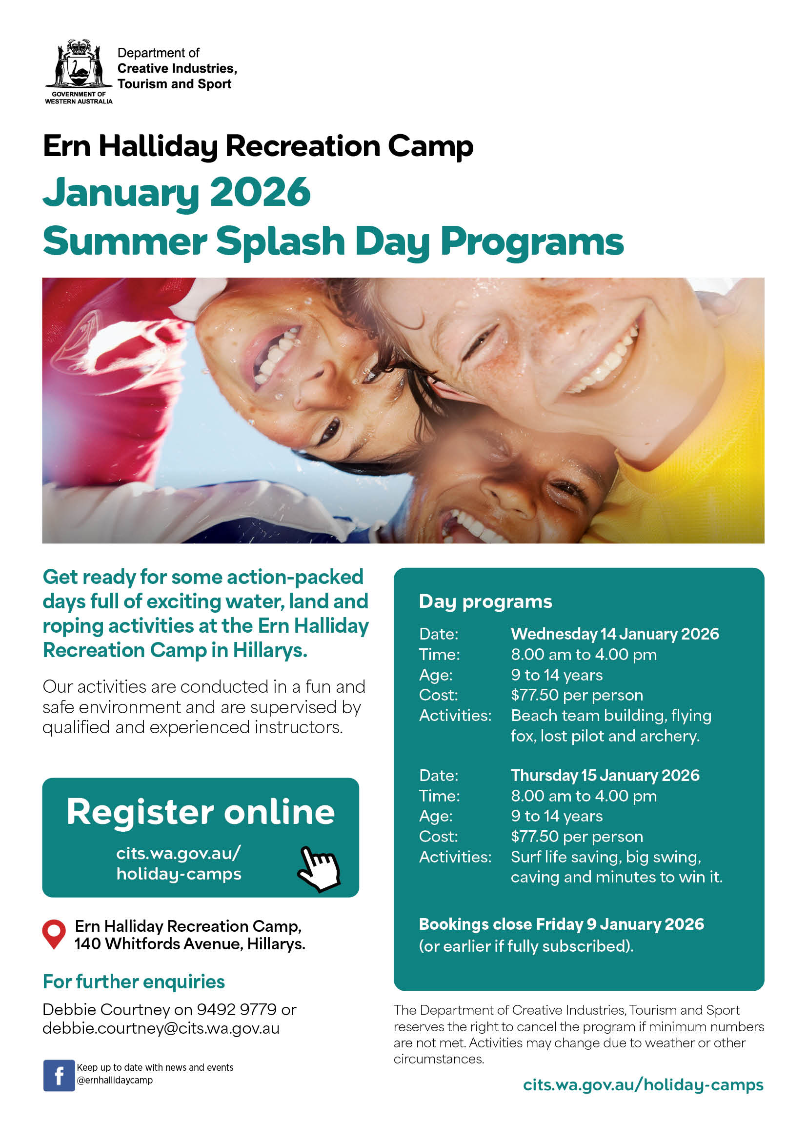 Poster for Ern Halliday day programs - 14 and 15 January 2026. Image of 3 happy children in a huddle