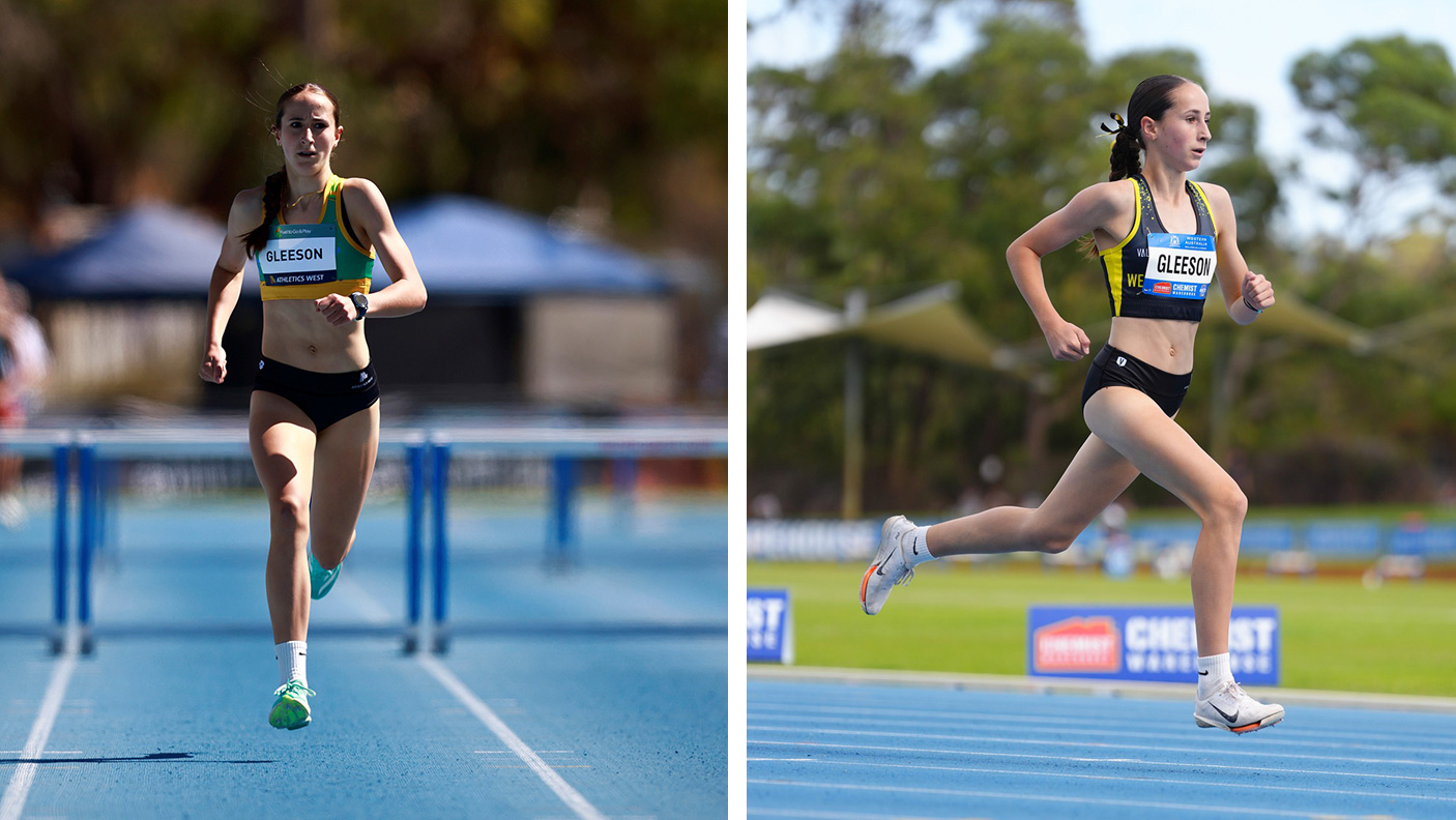 2 photos of Athlete Ginger Gleeson running on a running track
