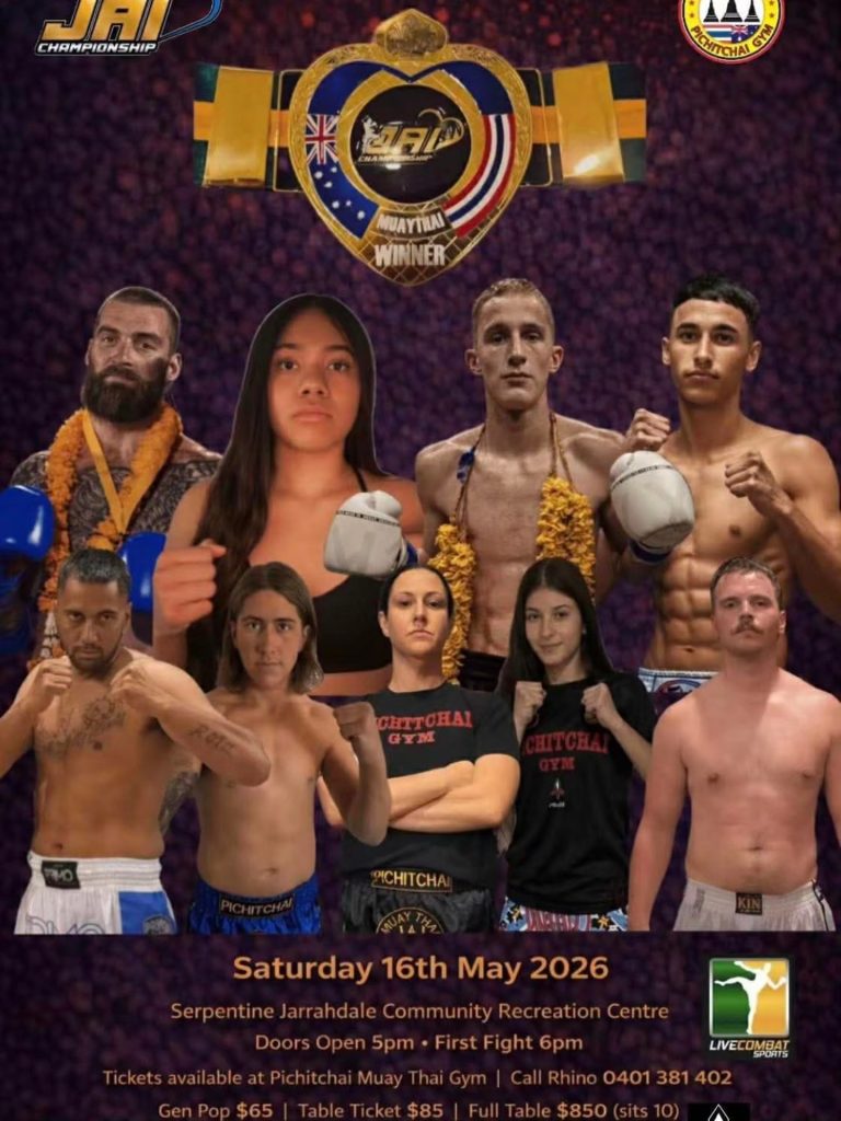 Poster for Jai Championships 16 May 2026. Image shows portraits of 9 female and male fighters