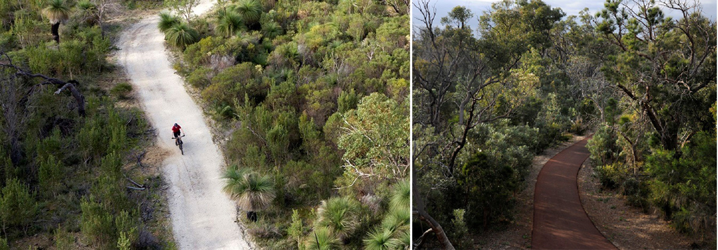 Two images of the Kwinana Loop trail and surrounding bush land
