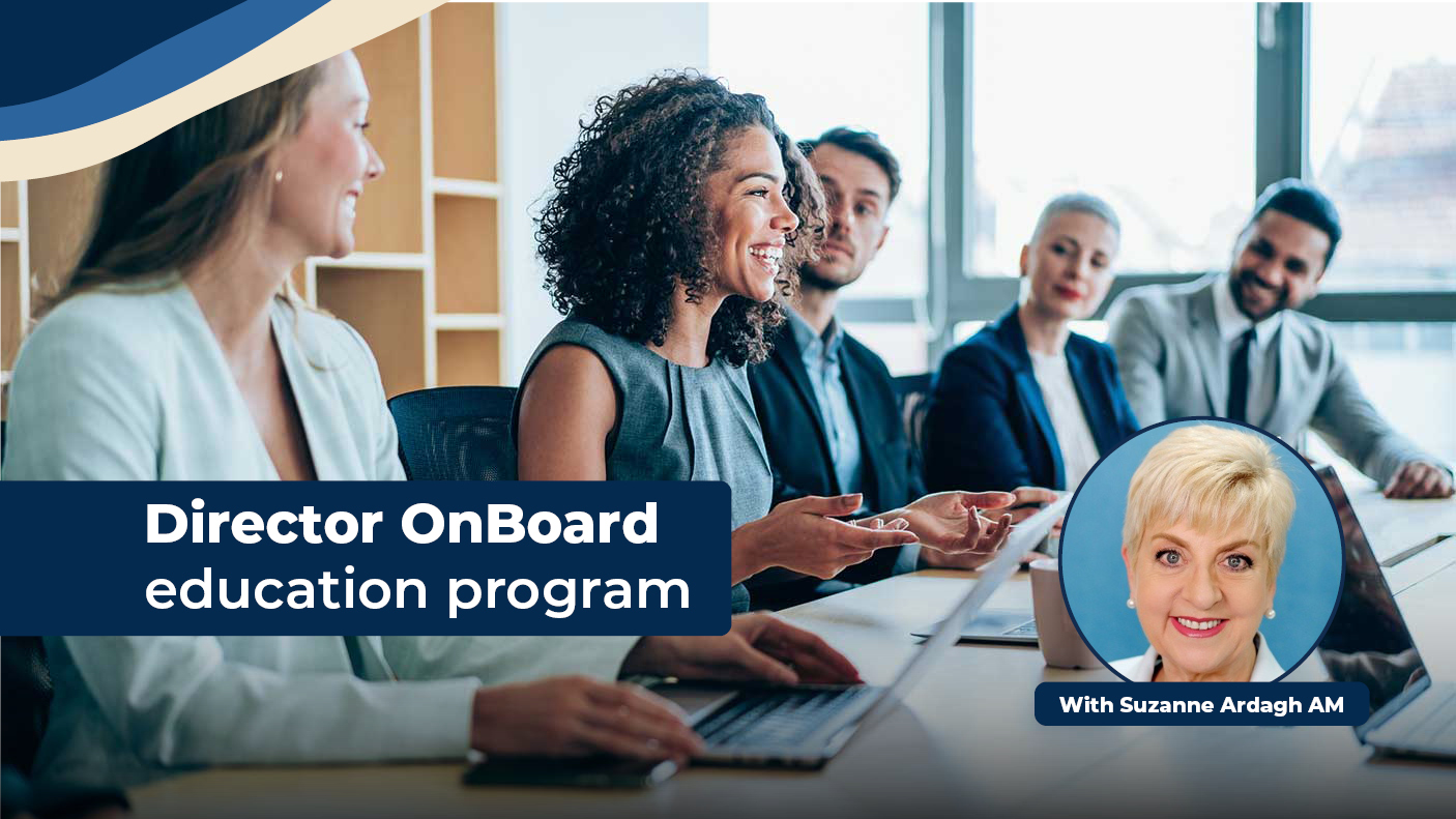 People sitting around a meeting room table looking at the presenter in the middle of the table.  Text: Director OnBoard education program