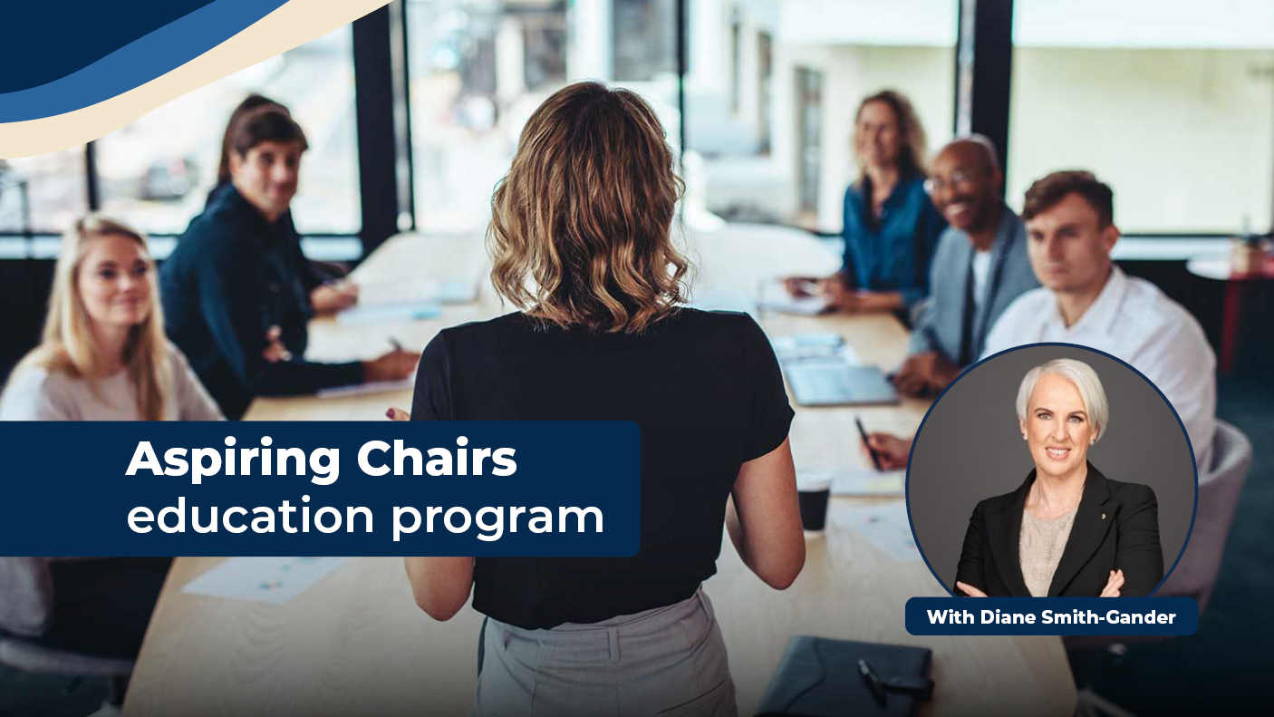 People stting around a board room table looking at the presenter. Text reads Aspiring Chairs education program