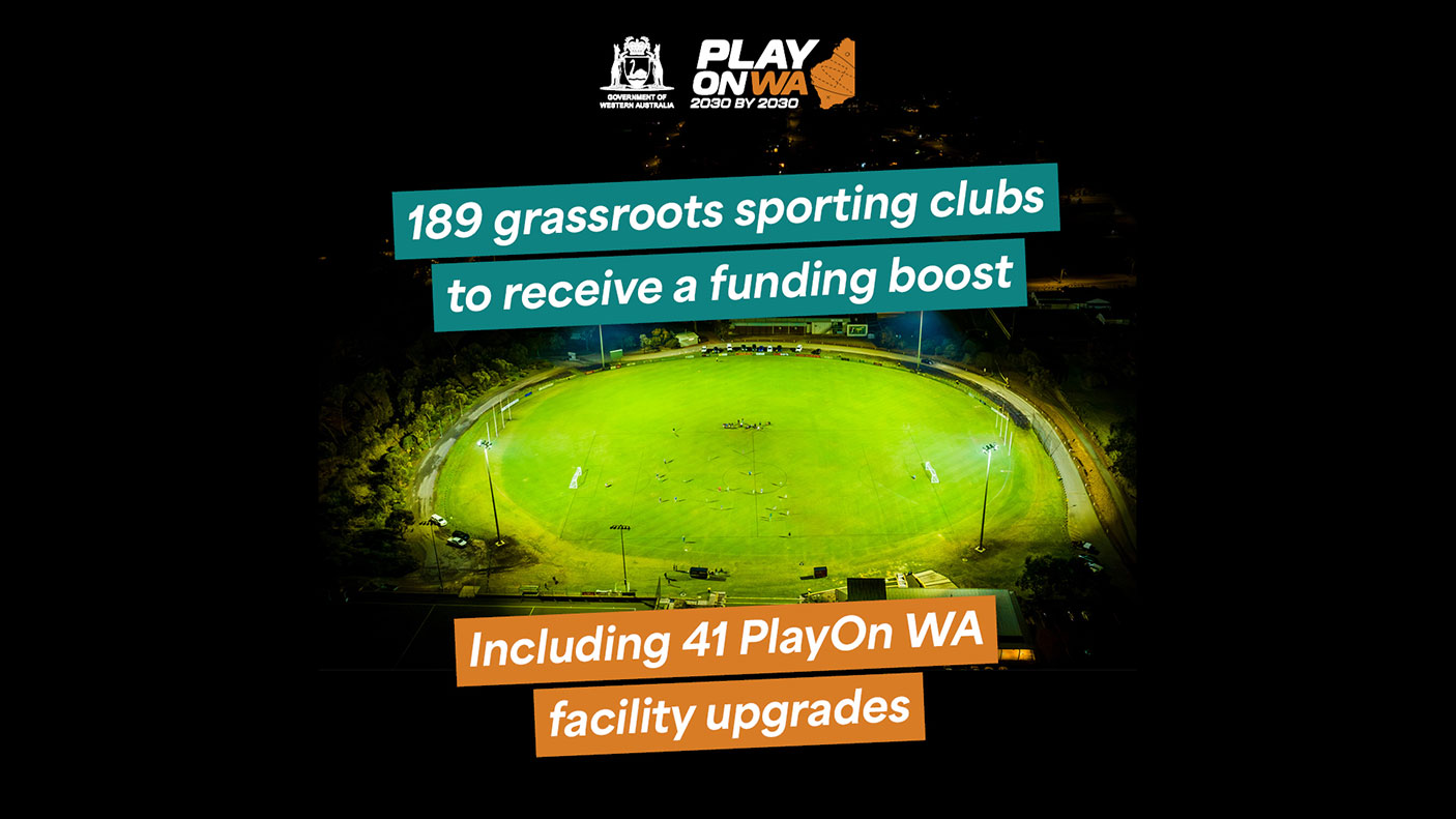 A grass sporting oval lit at night with the text: 189 grassroots sporting clubs to receive a funding boost.