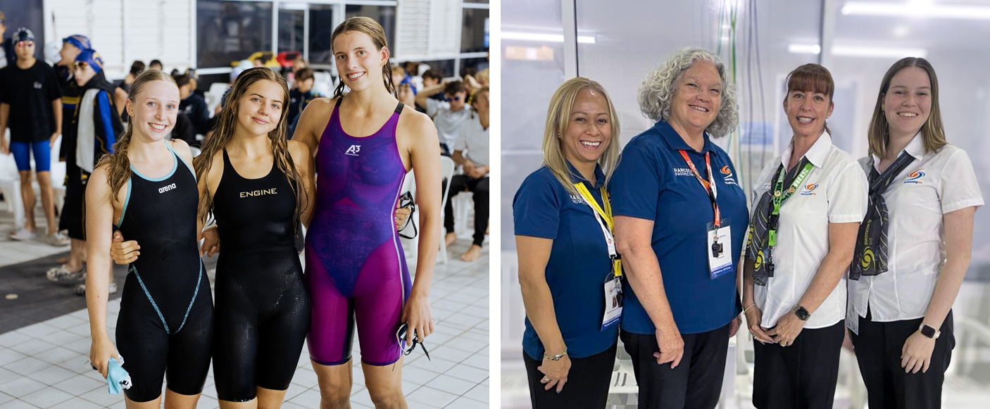 2 photos from Swimming WA, Female competitors on the left, and Swimming officials on right