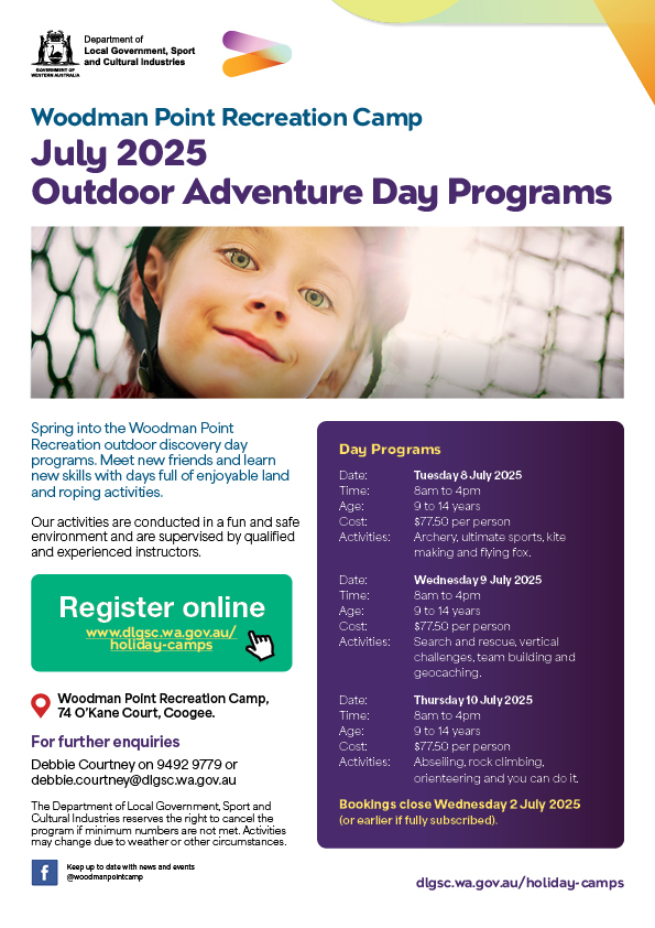 Poster for Woodman Point holiday programs July 2025