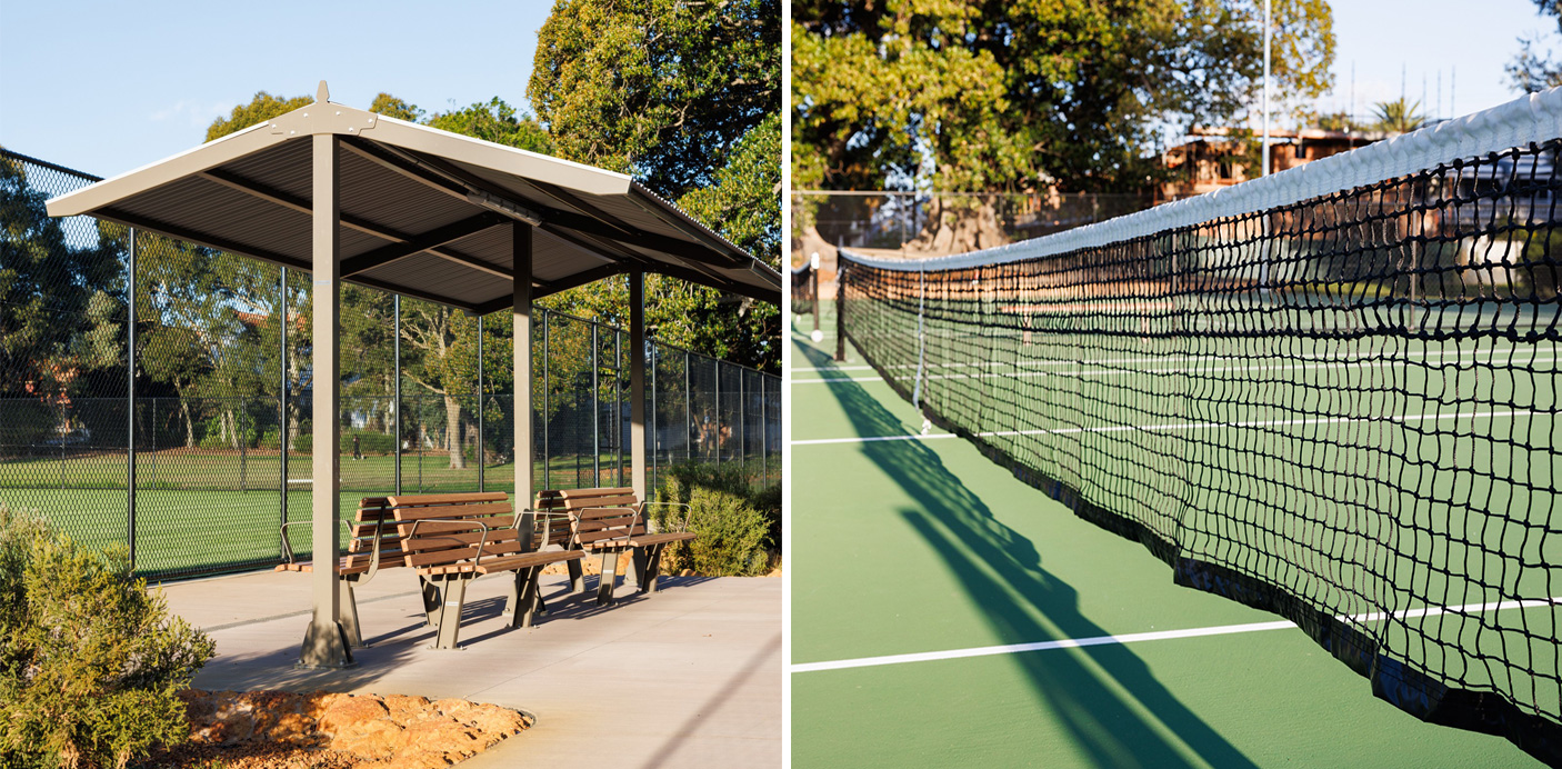 Two images of the newly refurbished Robertson Park tennis facility