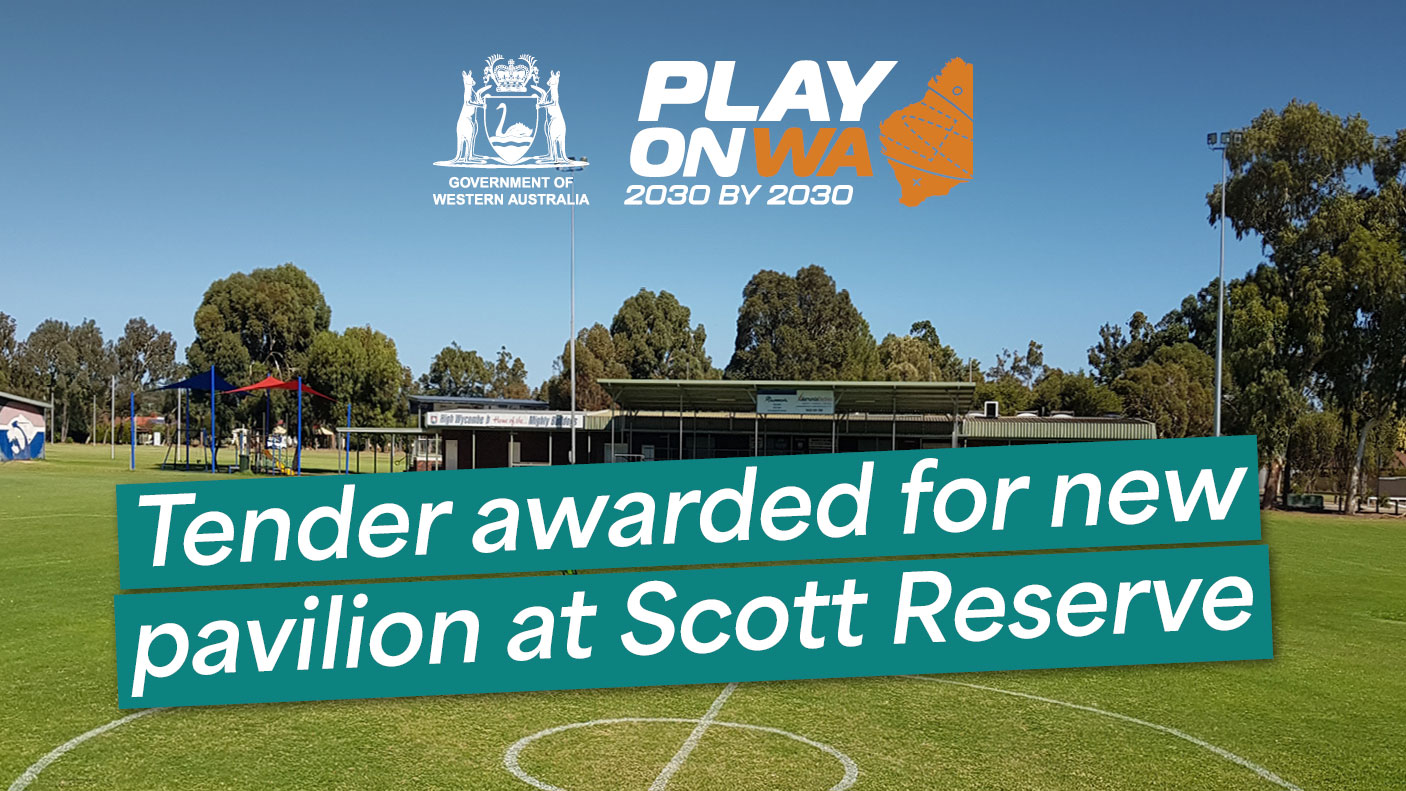 Image of Scott Reserve with text: Tender awarded for new pavilion at Scott Reserve. PlayOn WA