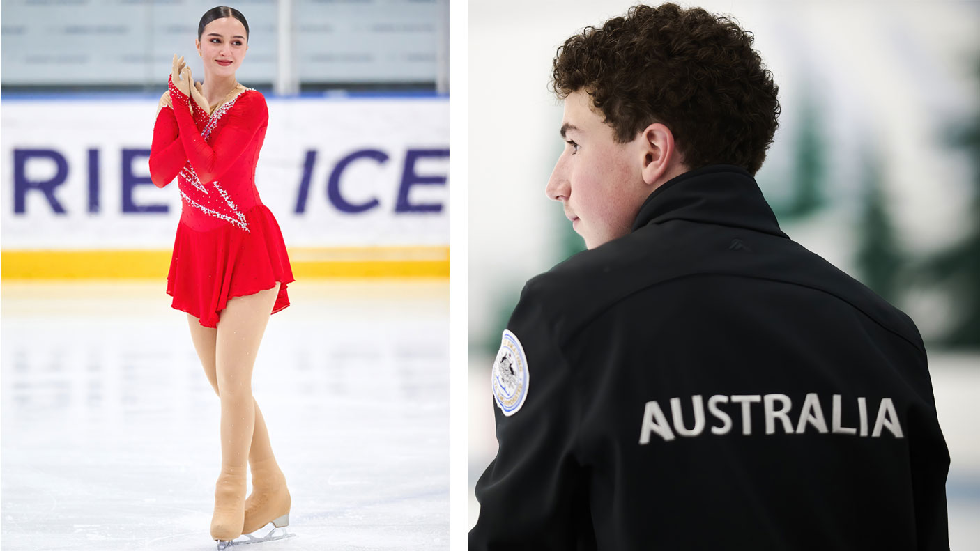 A montage of two images - a female ice skater on the ice, and a male competitor wearing a team Australia jacket
