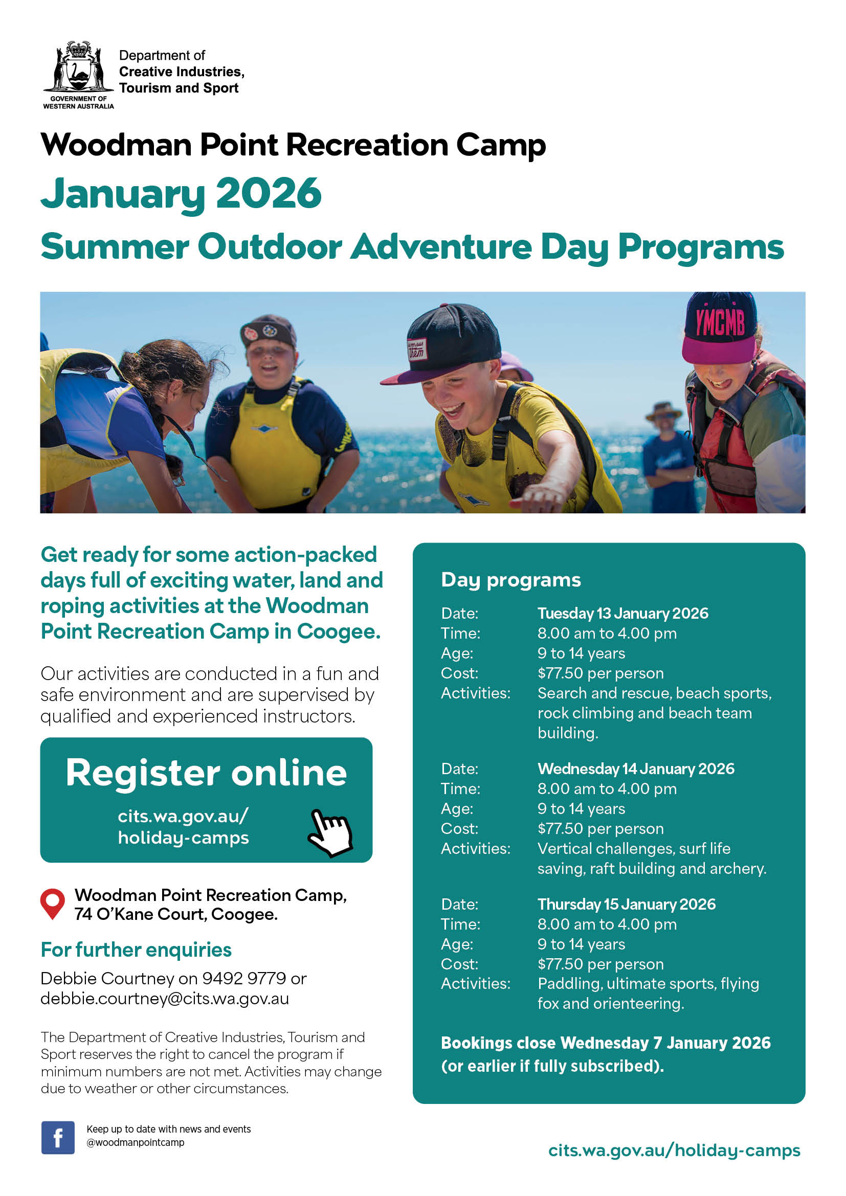 Poster for Woodman Point Day Programs - 13 and 14 January 2026. Photo of children being supervised at the beach