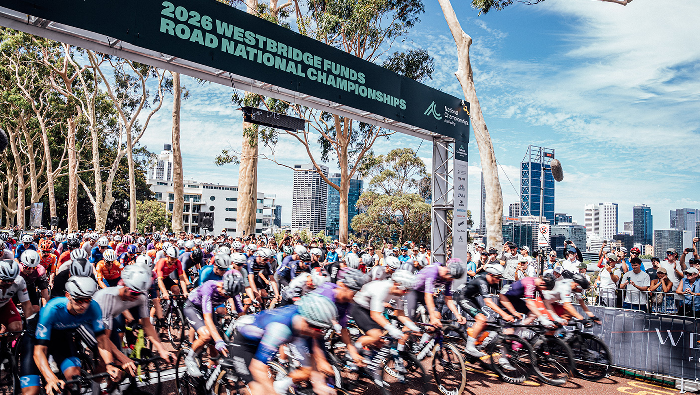 The starting line with 100s of cyclists lined up at the Westbridge Funds Road National Championships