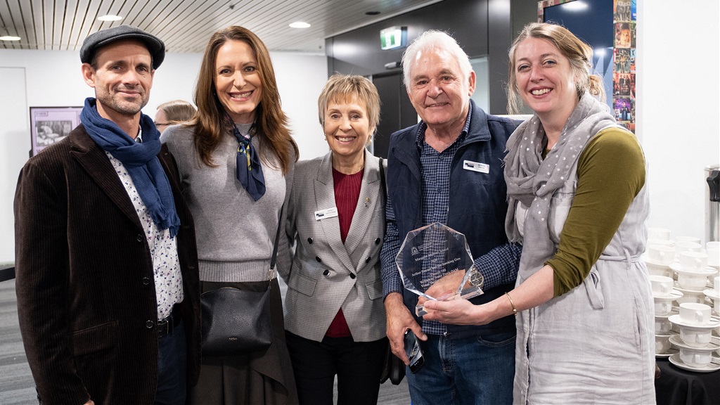 5 people accept the Margaret Medcalf award for Arthur Haynes and the Smoking Gun - a Theatre 180 production,