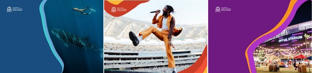 A montage of CITS branded images - whale shark, music performance, sporting venue