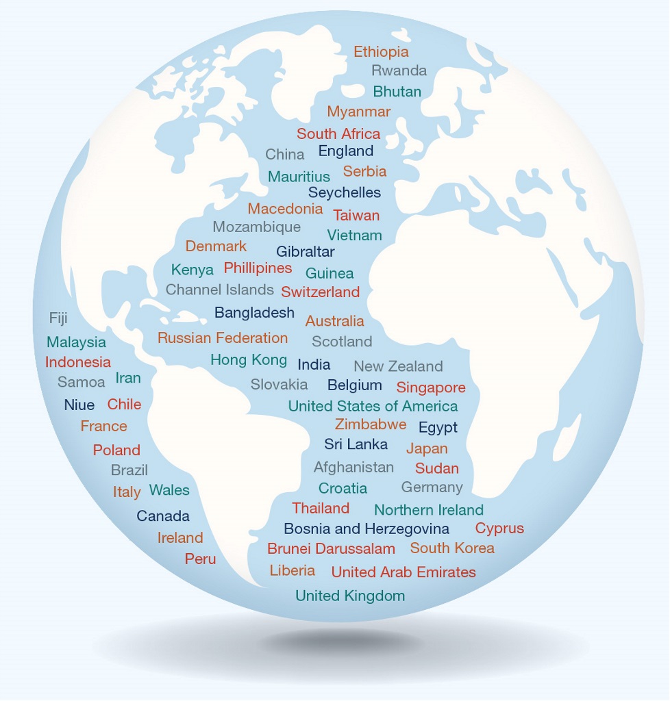 A earth globe with the names of countries to show the languages / origin of staff at CITS