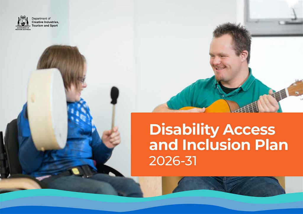 Report cover: 2 people playing musical instruments with the title: Disability Access and Inclusion Plan 2026 to 2031