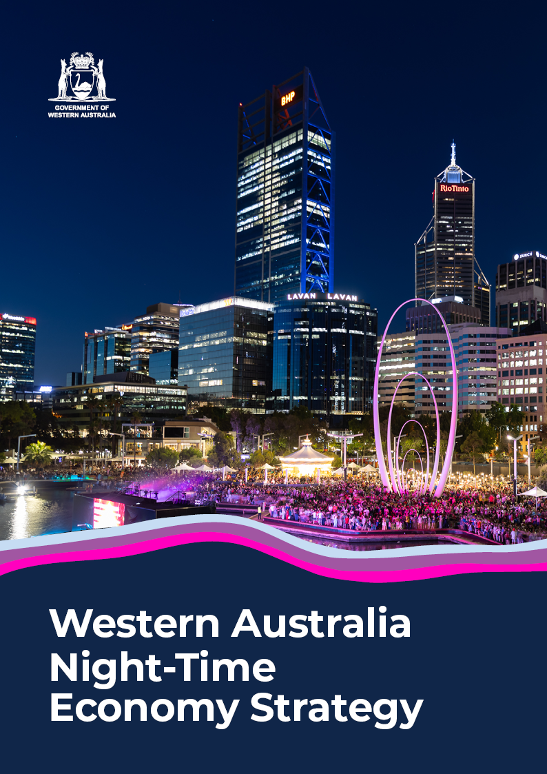 Cover of the Western Australia Night-Time Economy Strategy, featuring Perth's city skyline at night, illuminated office towers, and a waterfront public space with a large crowd gathered around a lit public art installation.