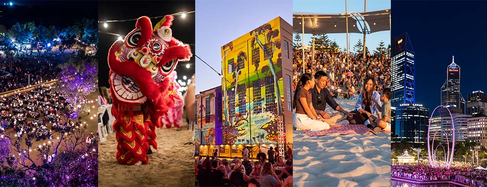 Five-panel collage showing a large crowd at an outdoor event, a red lion dance costume, a brightly painted building mural, people relaxing on a beach during an event, and Perth's illuminated city skyline at night.