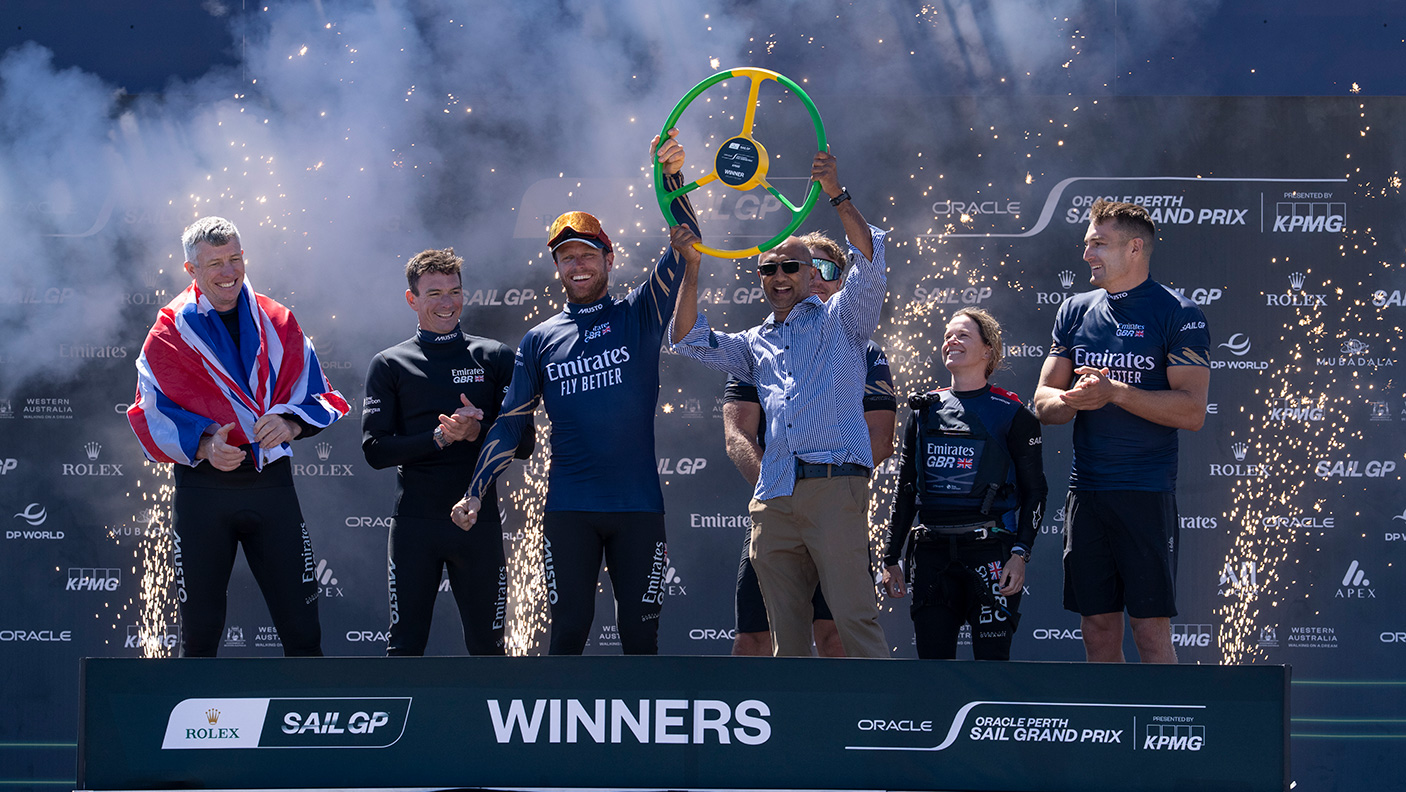 The winners celebrating on the podium after a Sail GP event