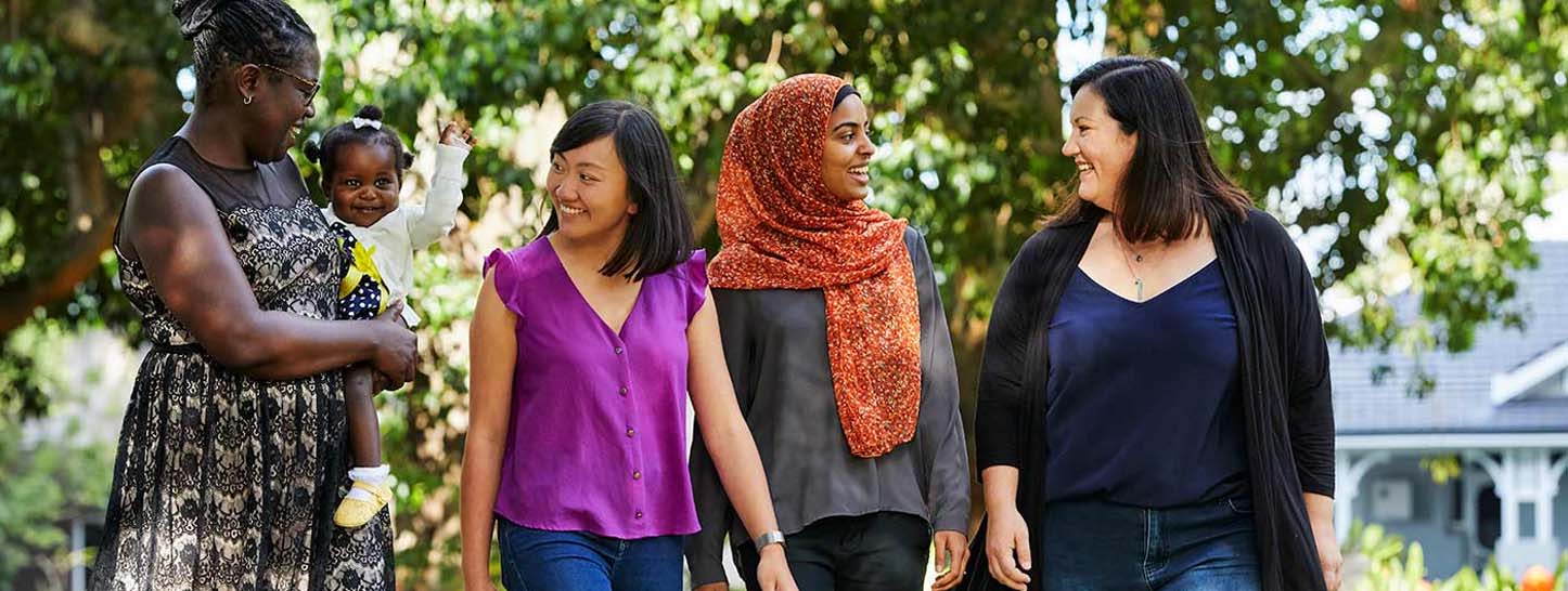 A group of people walking in a park